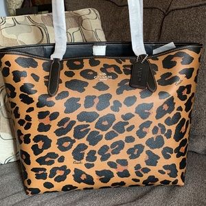 Coach Leopard Print Leather Tote Bag - Brown/Black
